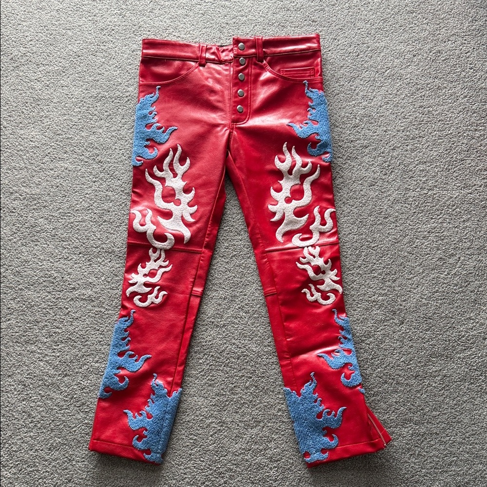 RGB Red Flame-Embroidered leather pants